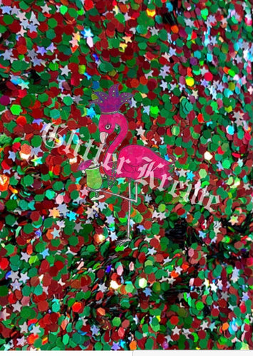 Custom Mix of green and red, accented with silver stars!  Brighten up your holidays with this cheerful mix!  2 oz. by weight